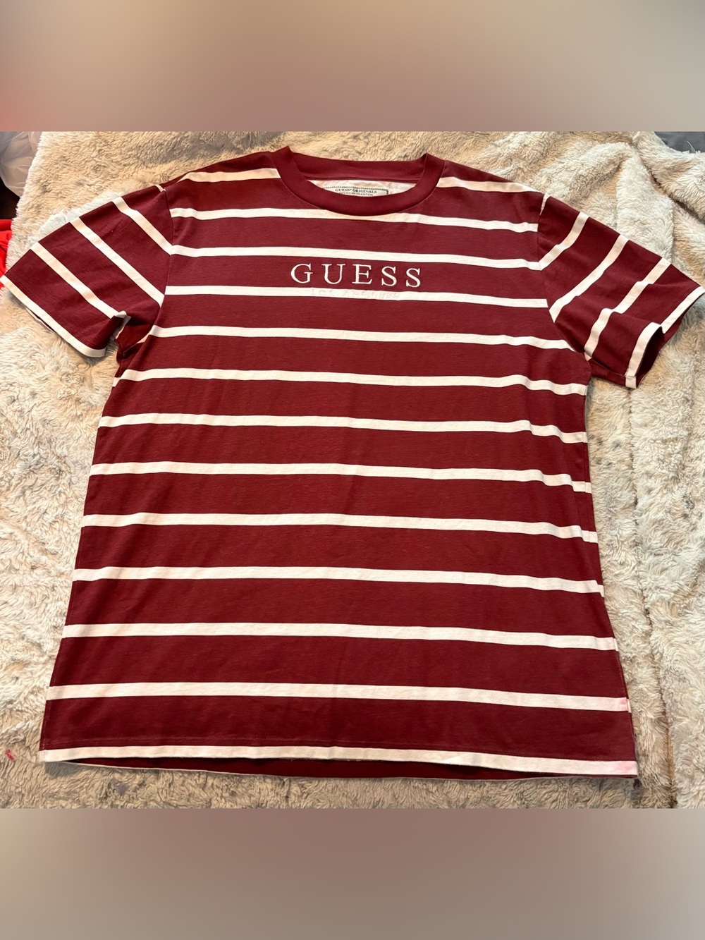 Guess Men’s Burgundy and White Striped Logo Tee